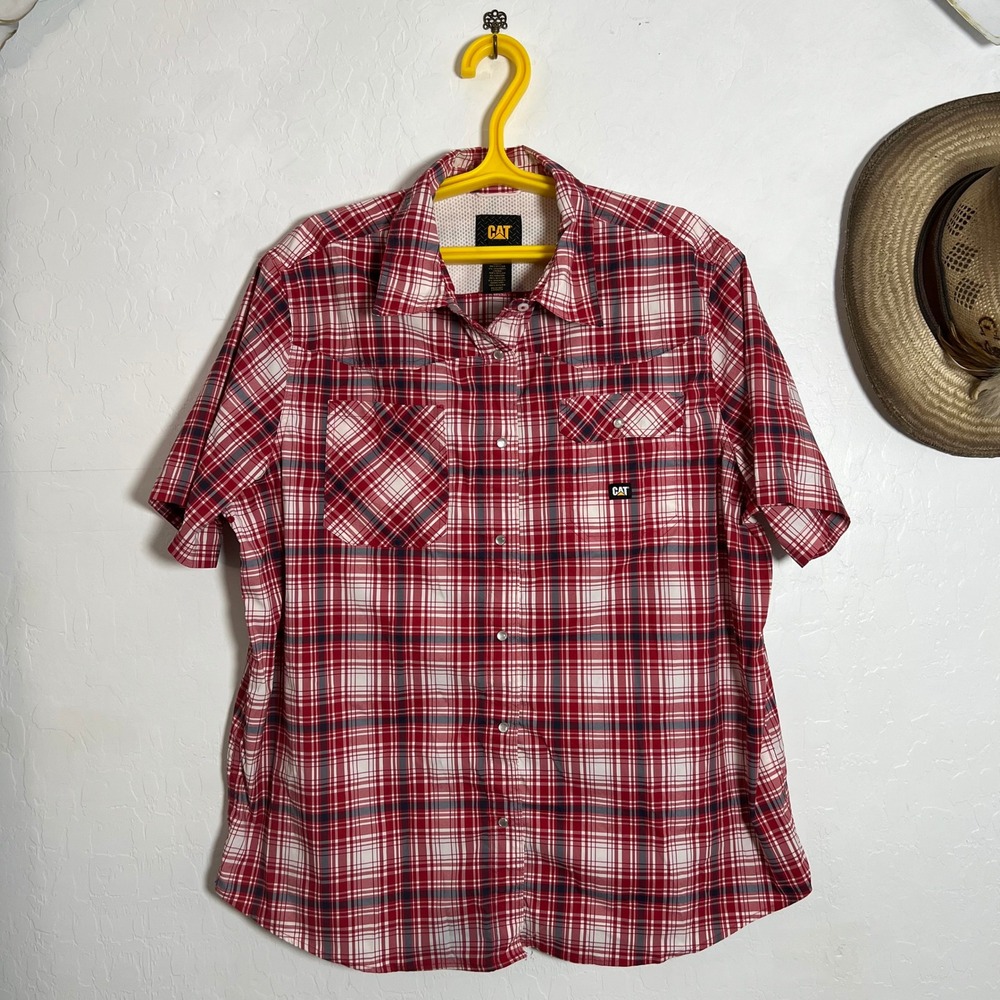 CAT Caterpillar Plaid Workwear Shirt Short Sleeve Pearl Snap - 2XL